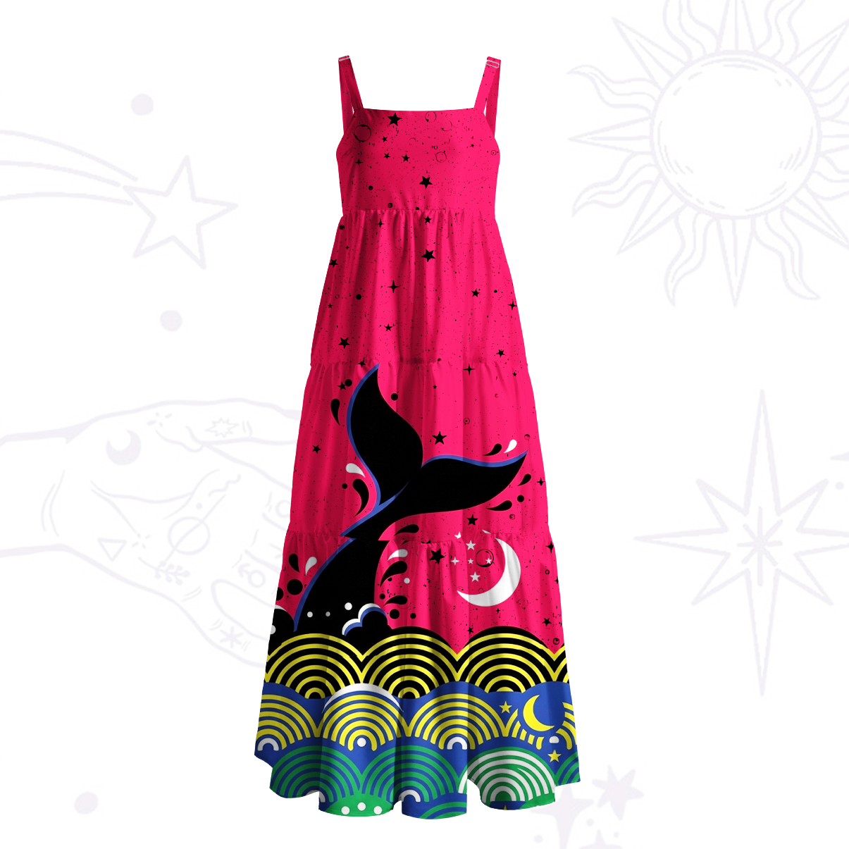 Purplehecate Starglow Whale Wave Wide Straps Maxi Dress