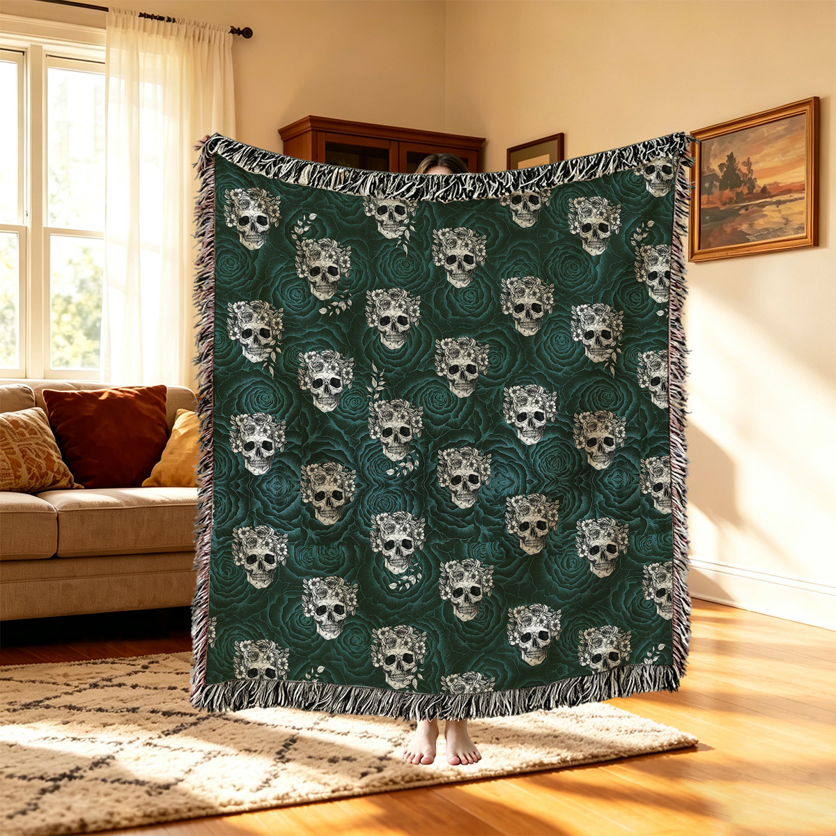 Purplehecate Rose Skull Woven Tapestry Blanket