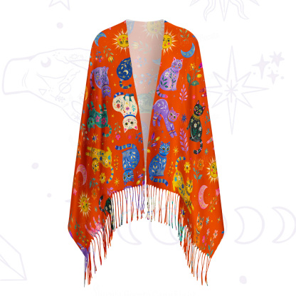 Purplehecate Rainbow Magic Cats Printed Fringe Scarf
