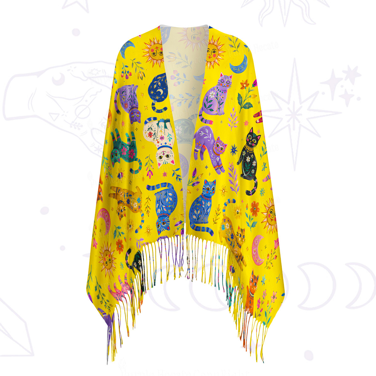 Purplehecate Rainbow Magic Cats Printed Fringe Scarf