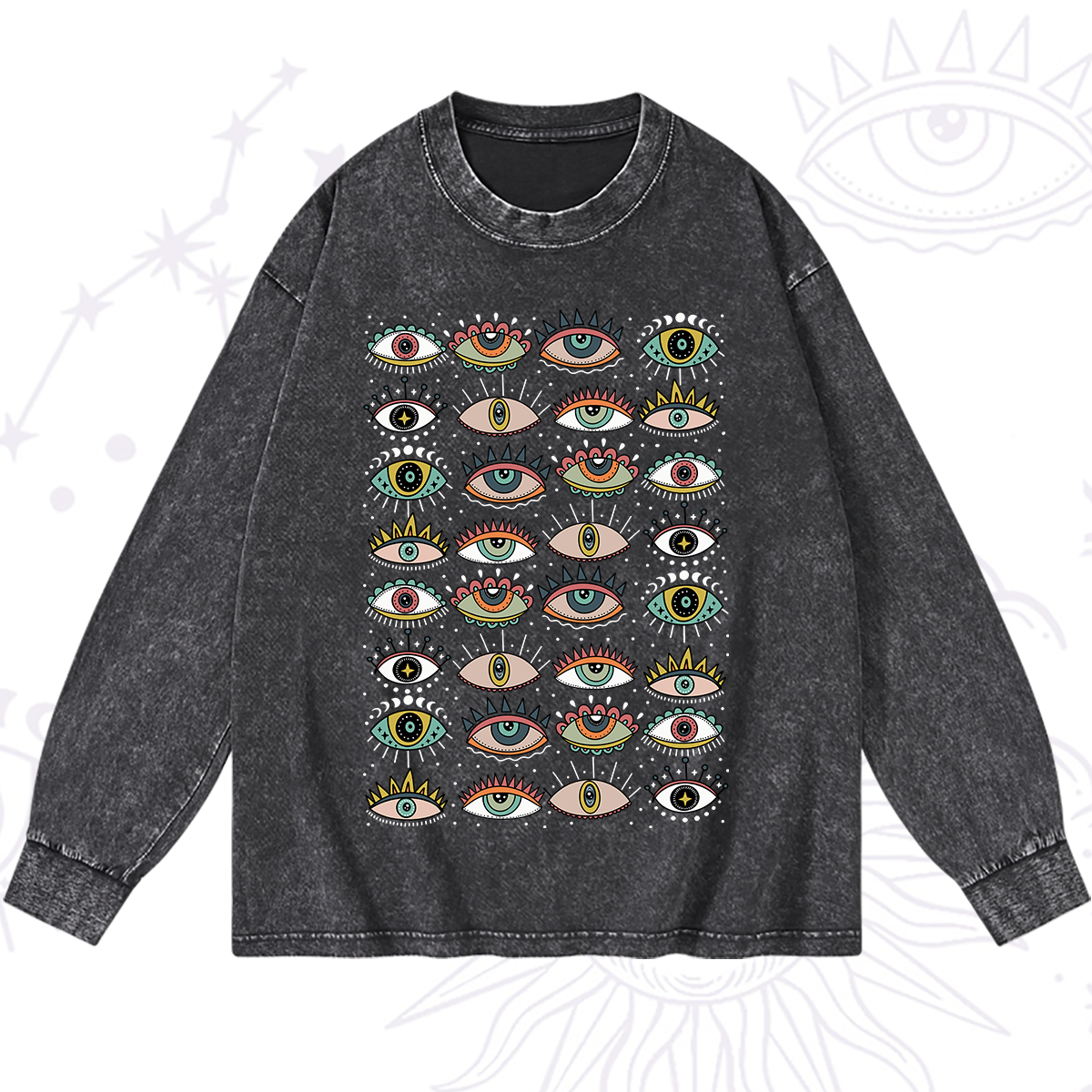 Magic Purplehecate Evil Eye Pattern Washed Long Sleeve Shirt