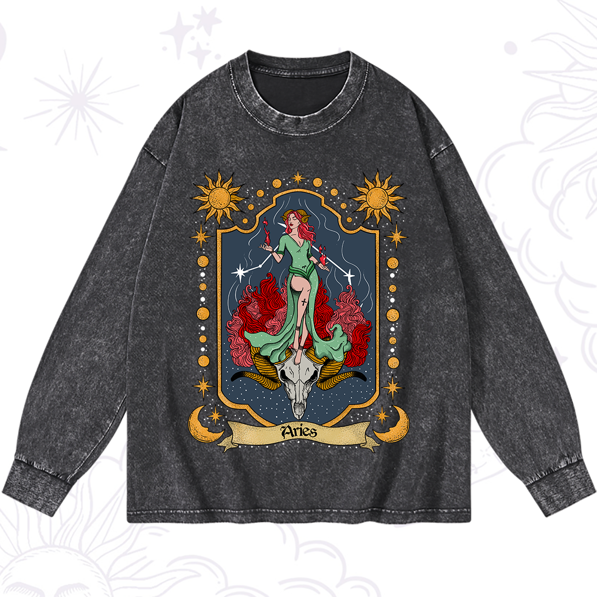Magic Purplehecate Aries Zodiac Washed Long Sleeve Shirt