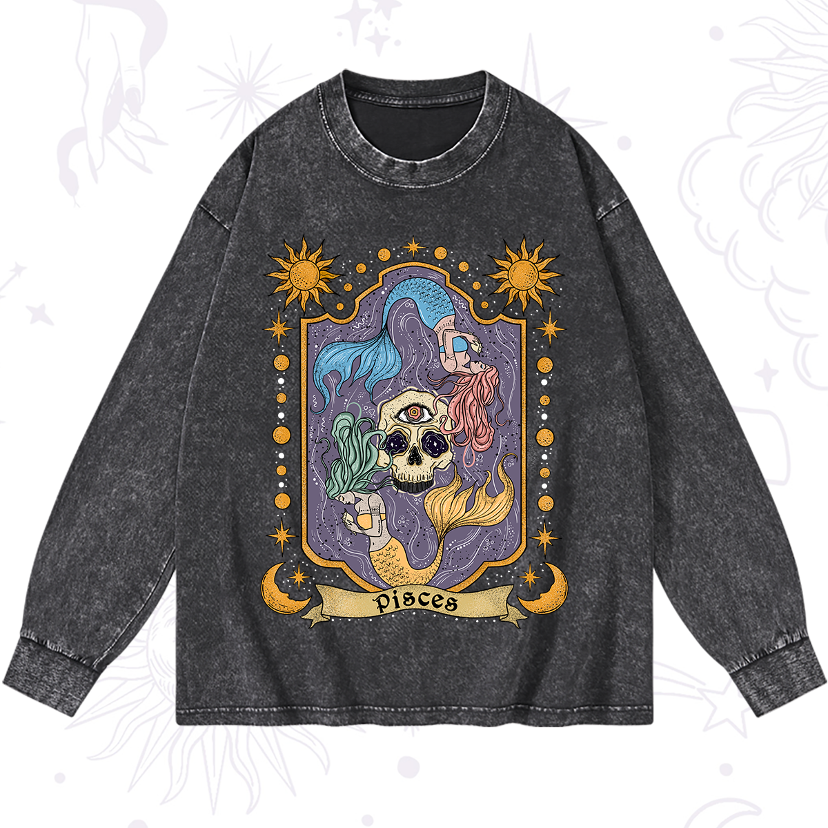 Magic Purplehecate Pisces Zodiac Washed Long Sleeve Shirt