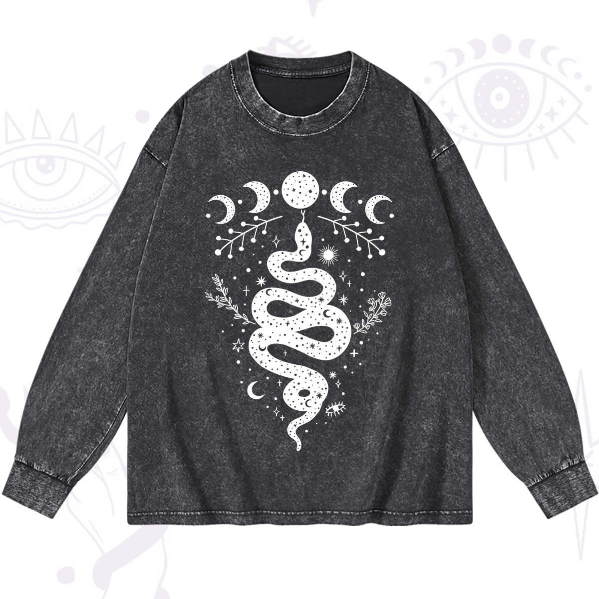 Magic Purplehecate Snake And Moon Phase Comfort Washed Long Sleeve Shirt