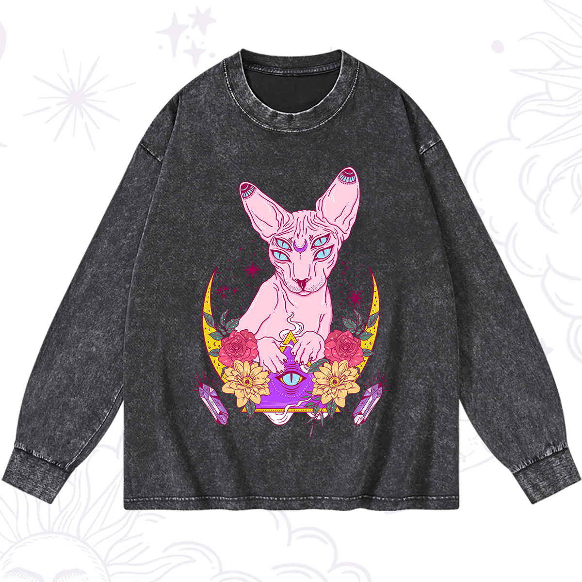Magic Purplehecate Moon Phase Cat Washed Long Sleeve Shirt