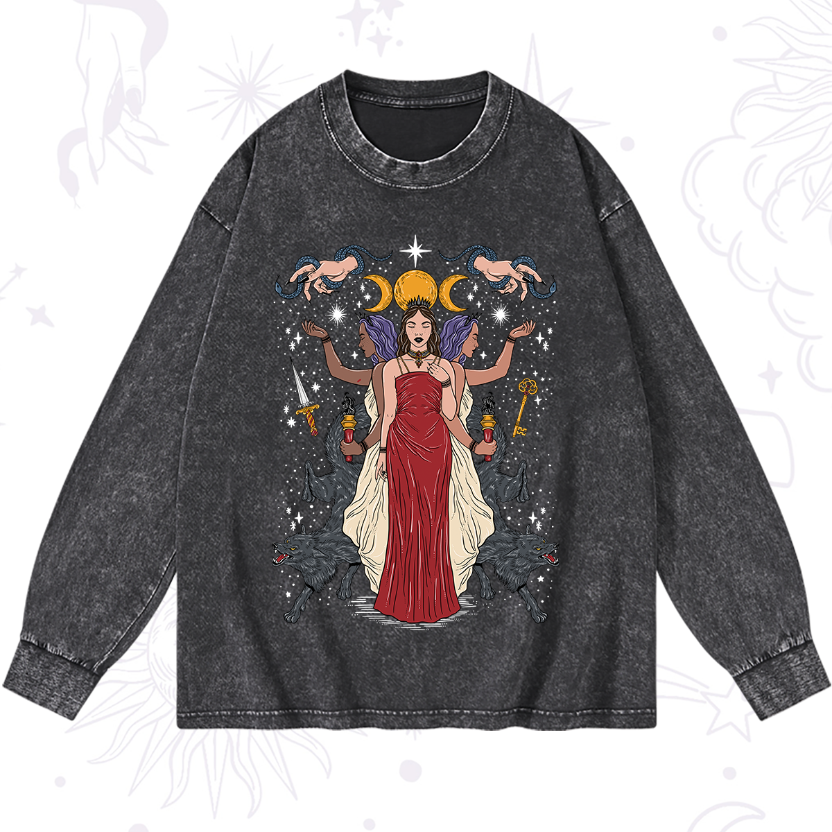 Magic Purplehecate The Triple Goddess Hecate Washed Long Sleeve Shirt