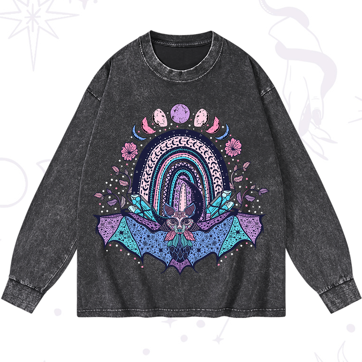 Magic Purplehecate Moon Phase Bat Washed Long Sleeve Shirt