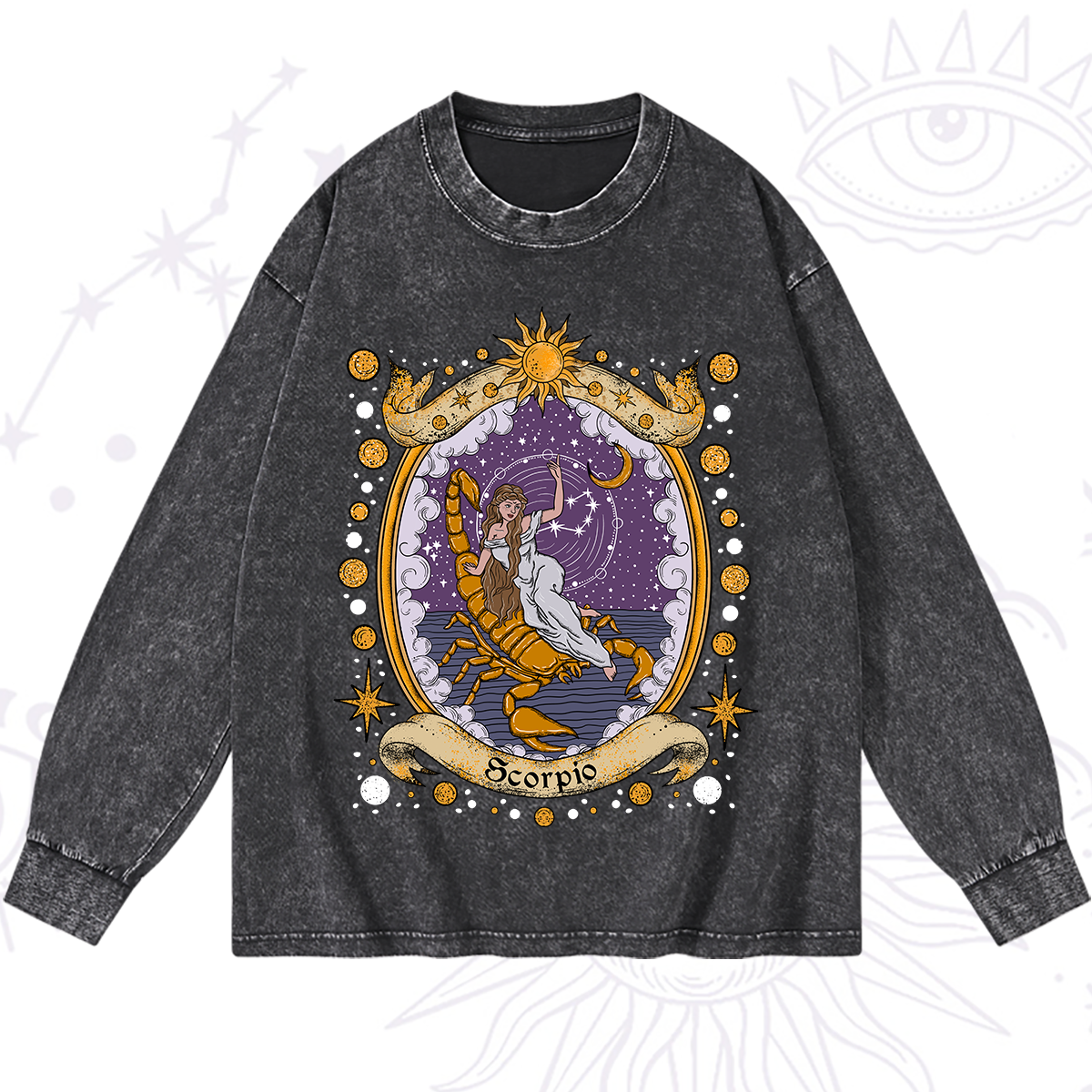 Magic Purplehecate Celestial Scorpio Zodiac Washed Long Sleeve Shirt