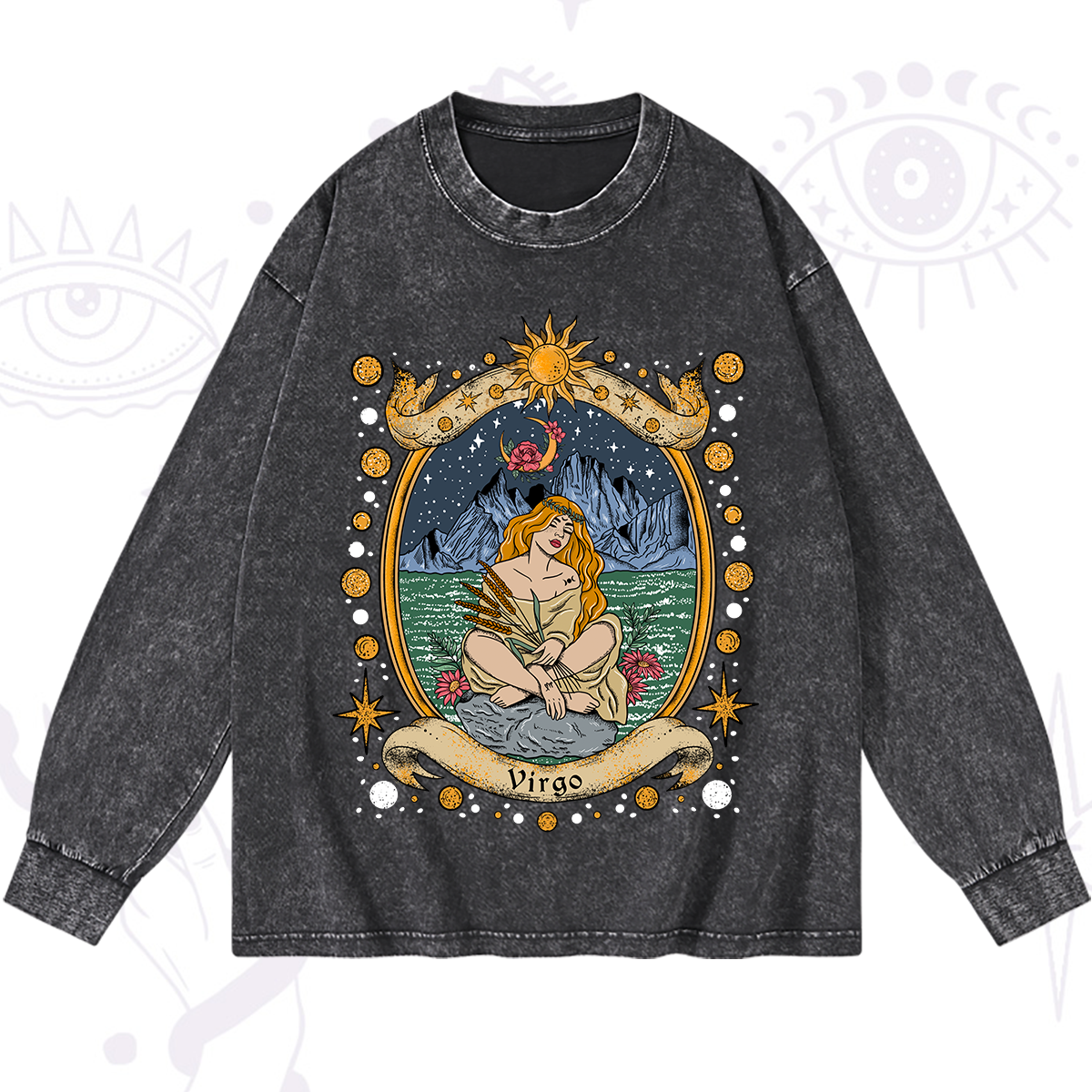 Magic Purplehecate Celestial Virgo Zodiac Washed Long Sleeve Shirt