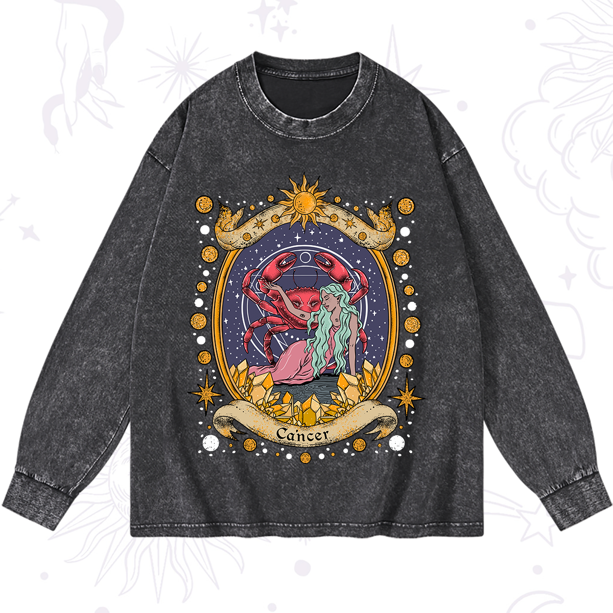 Magic Purplehecate Celestial Cancer Zodiac Washed Long Sleeve Shirt