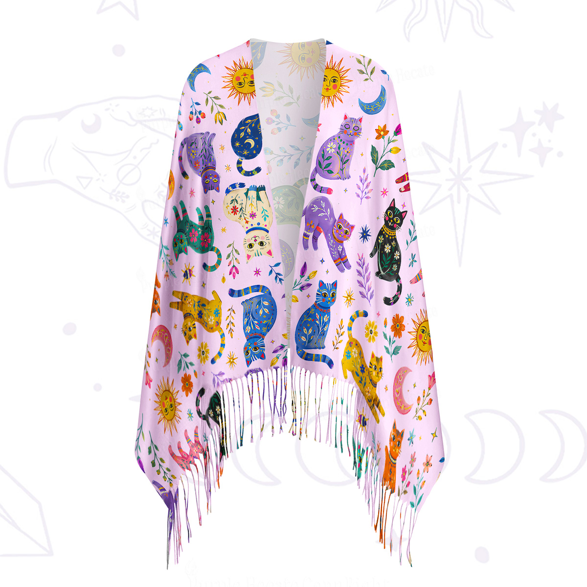 Purplehecate Rainbow Magic Cats Printed Fringe Scarf
