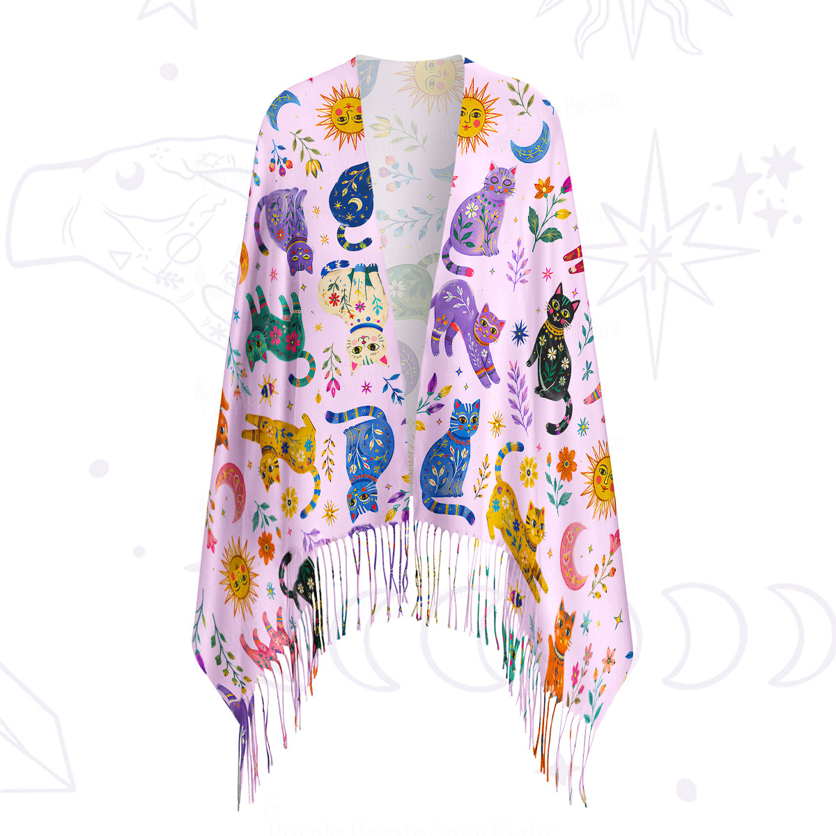 Purplehecate Rainbow Magic Cats Printed Fringe Scarf