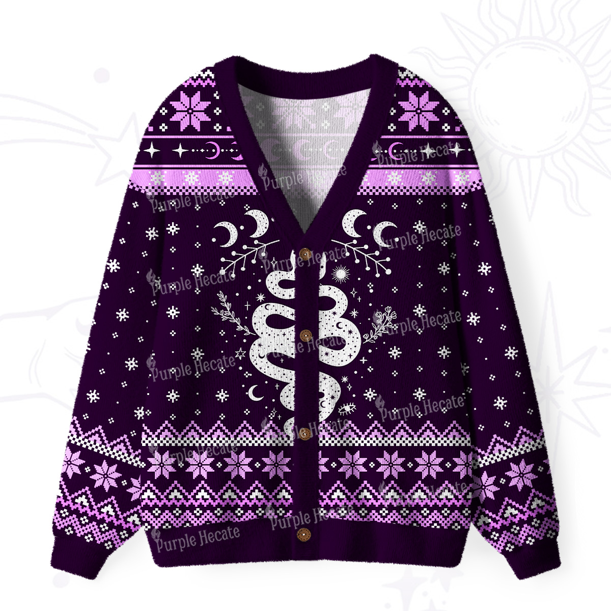 Purplehecate Snake And Moon Phase Comfort Ugly Cardigan Sweaters