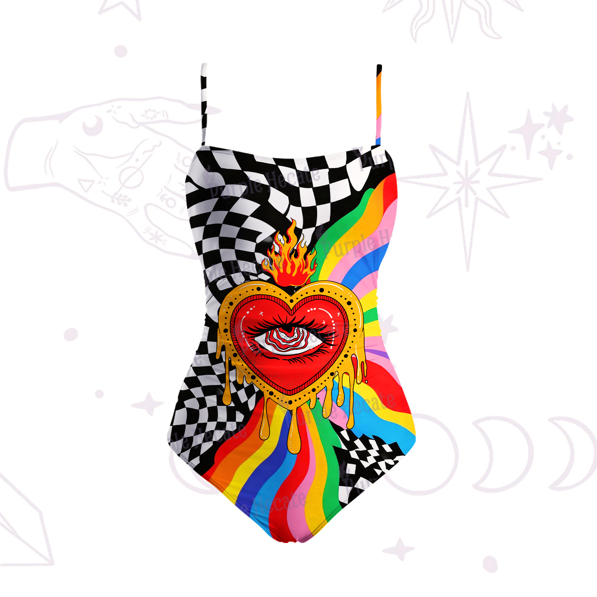 Purplehecate Trippy Rainbow Heart Eye Knit Slim-Strap Swimsuit