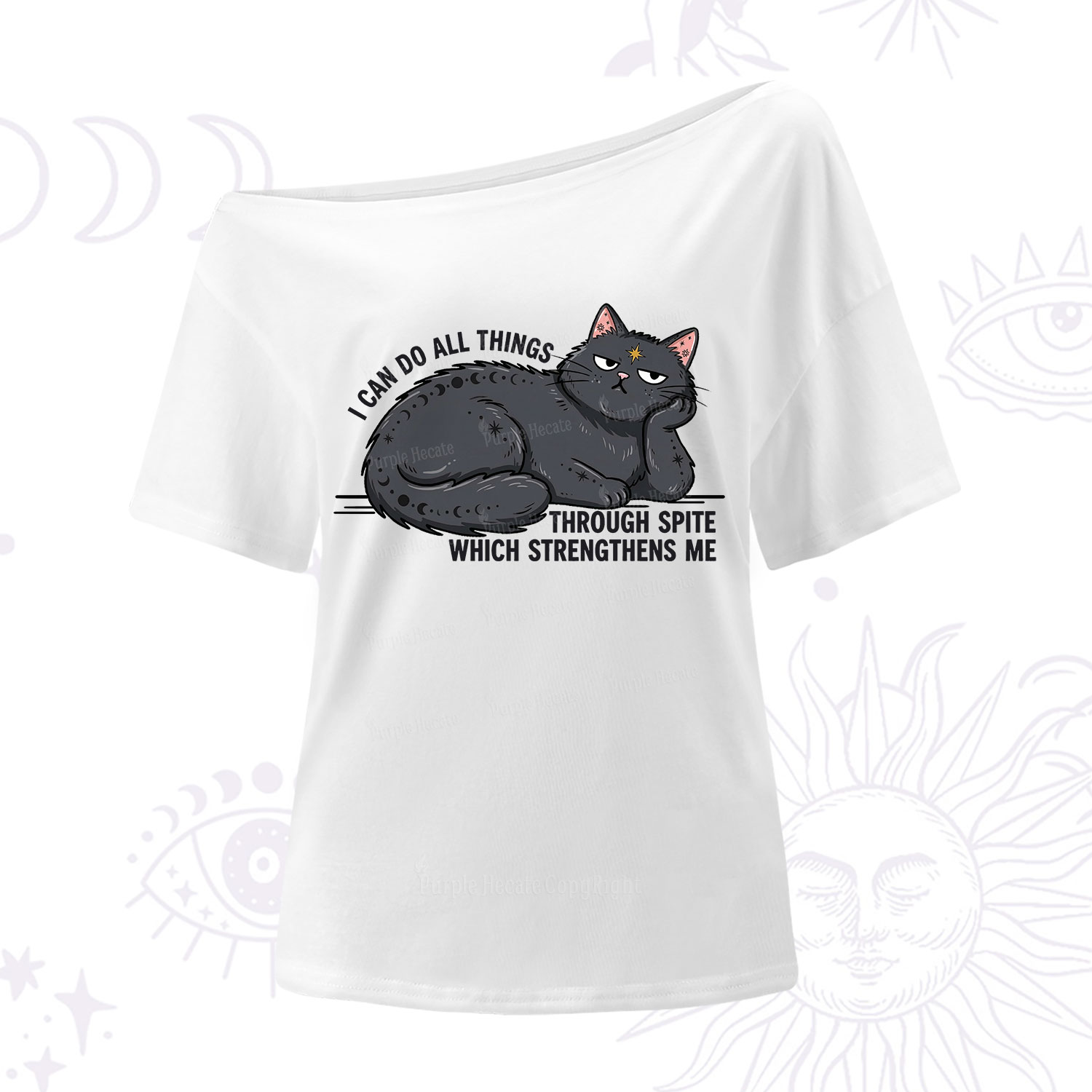 Purplehecate I Can Do All Things Spiteful Cat One Shoulder T-Shirt