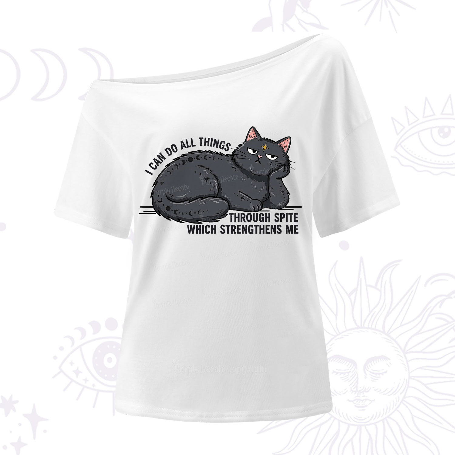 Purplehecate I Can Do All Things Spiteful Cat One Shoulder T-Shirt