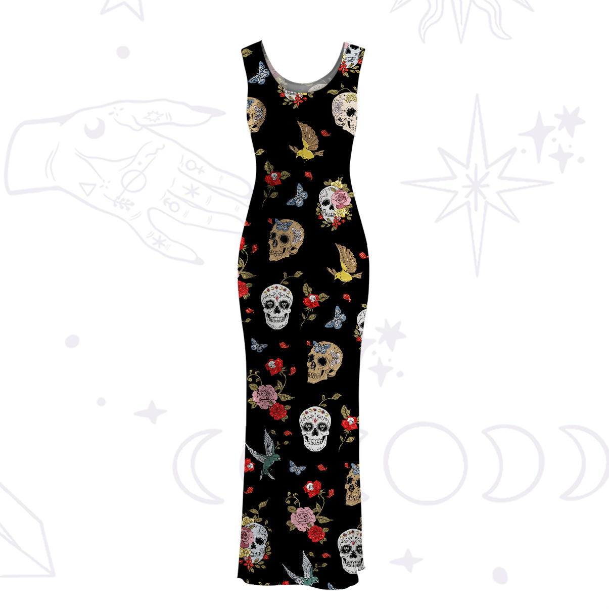 Purplehecate Skull Floral Mesh Maxi Tank Beach Dress