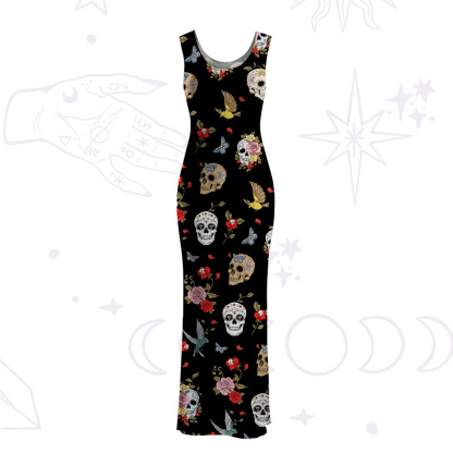 Purplehecate Skull Floral Mesh Maxi Tank Beach Dress