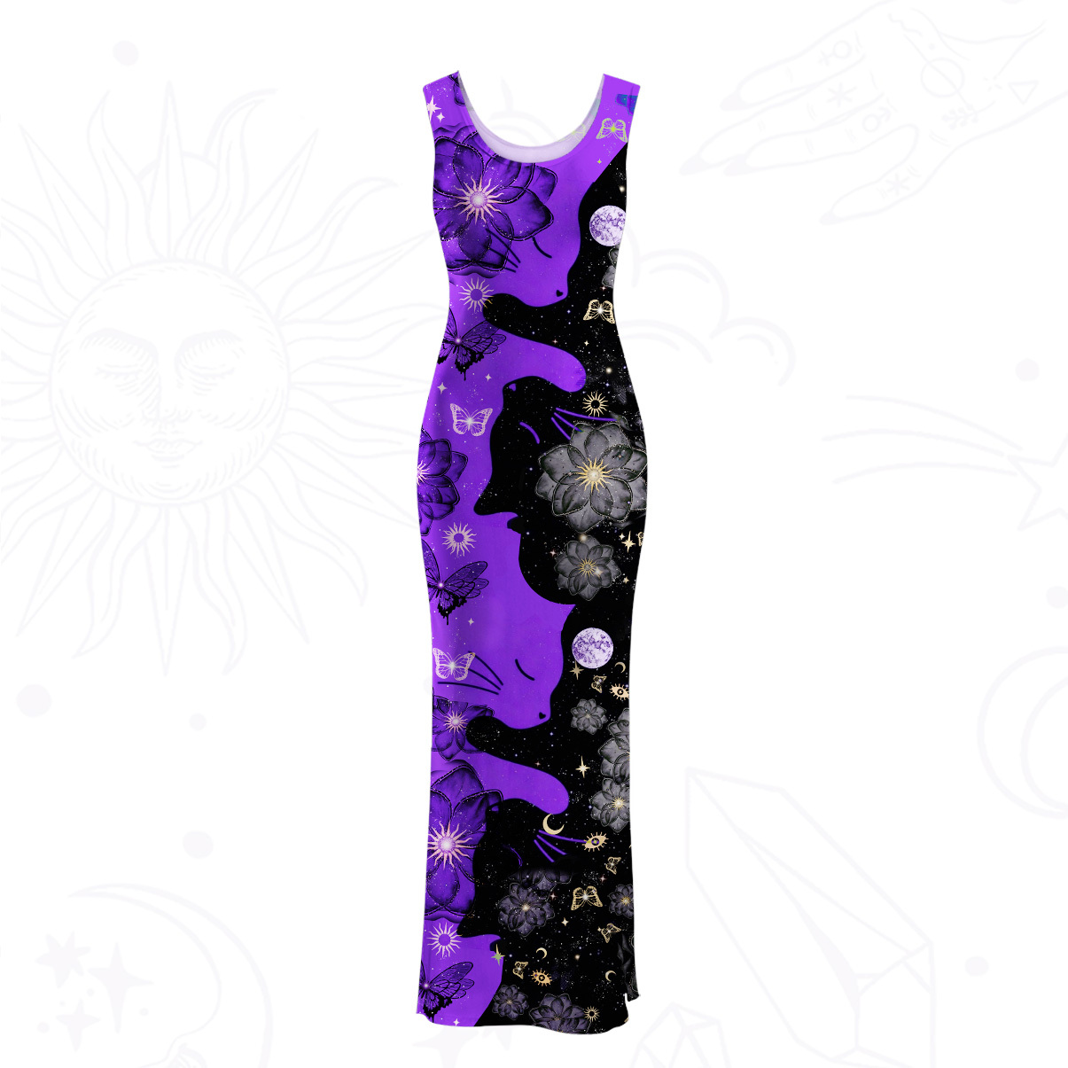 Purplehecate Starlit Cats & Butterflies Mesh Maxi Tank Beach Dress