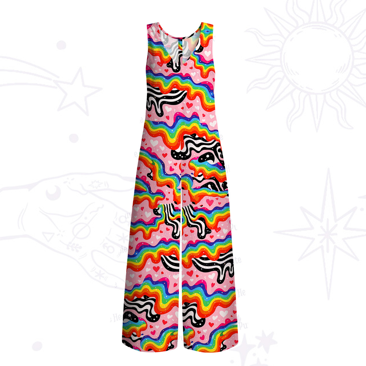 Purplehecate Groovy Melty Rainbow Hearts Wavy Wide Leg Jumpsuit