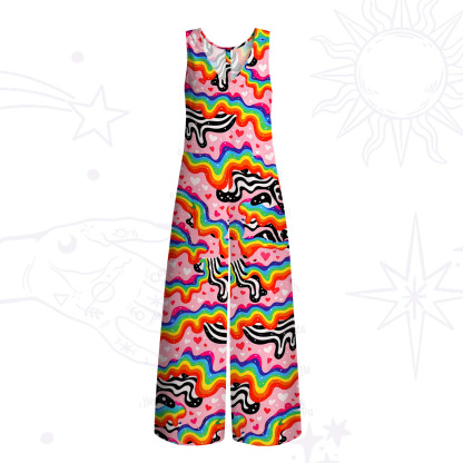 Purplehecate Groovy Melty Rainbow Hearts Wavy Wide Leg Jumpsuit