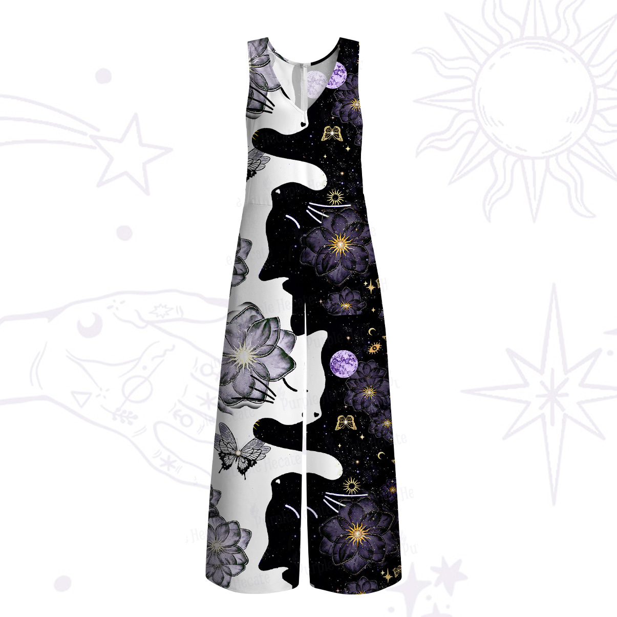 Purplehecate Starlit Cats & Butterflies Wide Leg Jumpsuit
