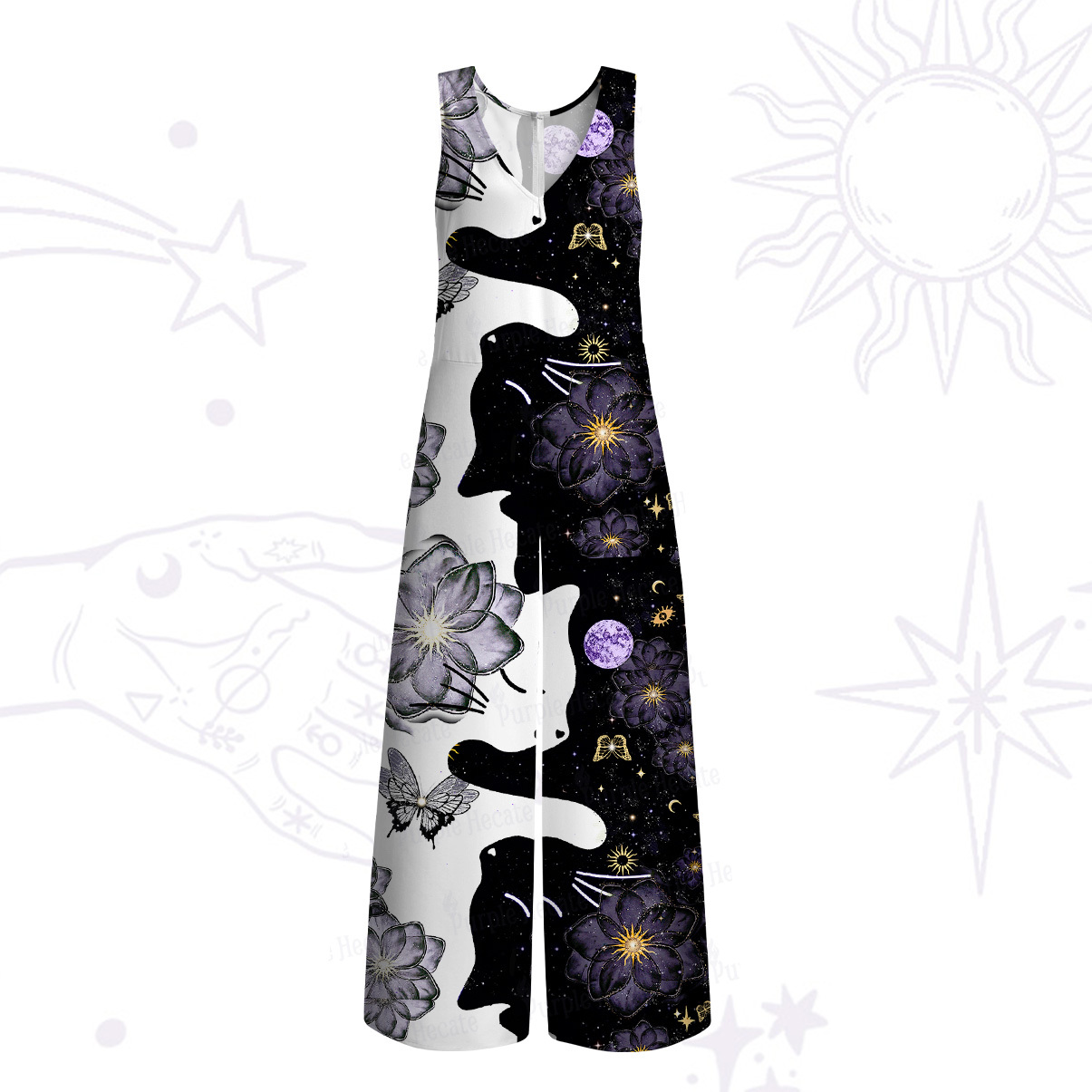 Purplehecate Starlit Cats & Butterflies Wide Leg Jumpsuit
