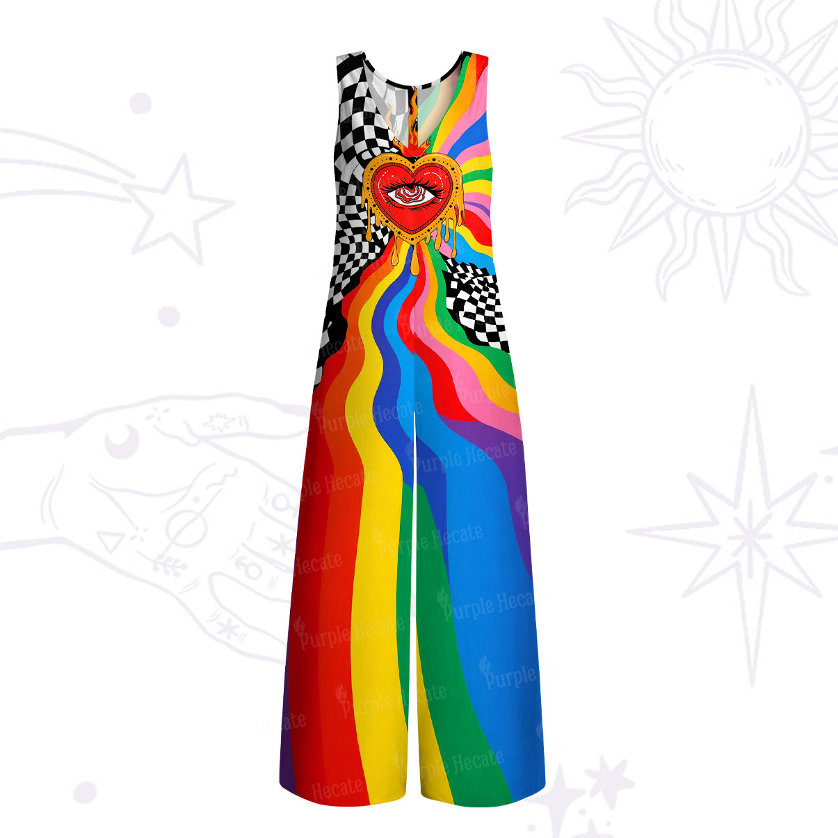 Purplehecate Trippy Rainbow Heart Eye Wide Leg Jumpsuit