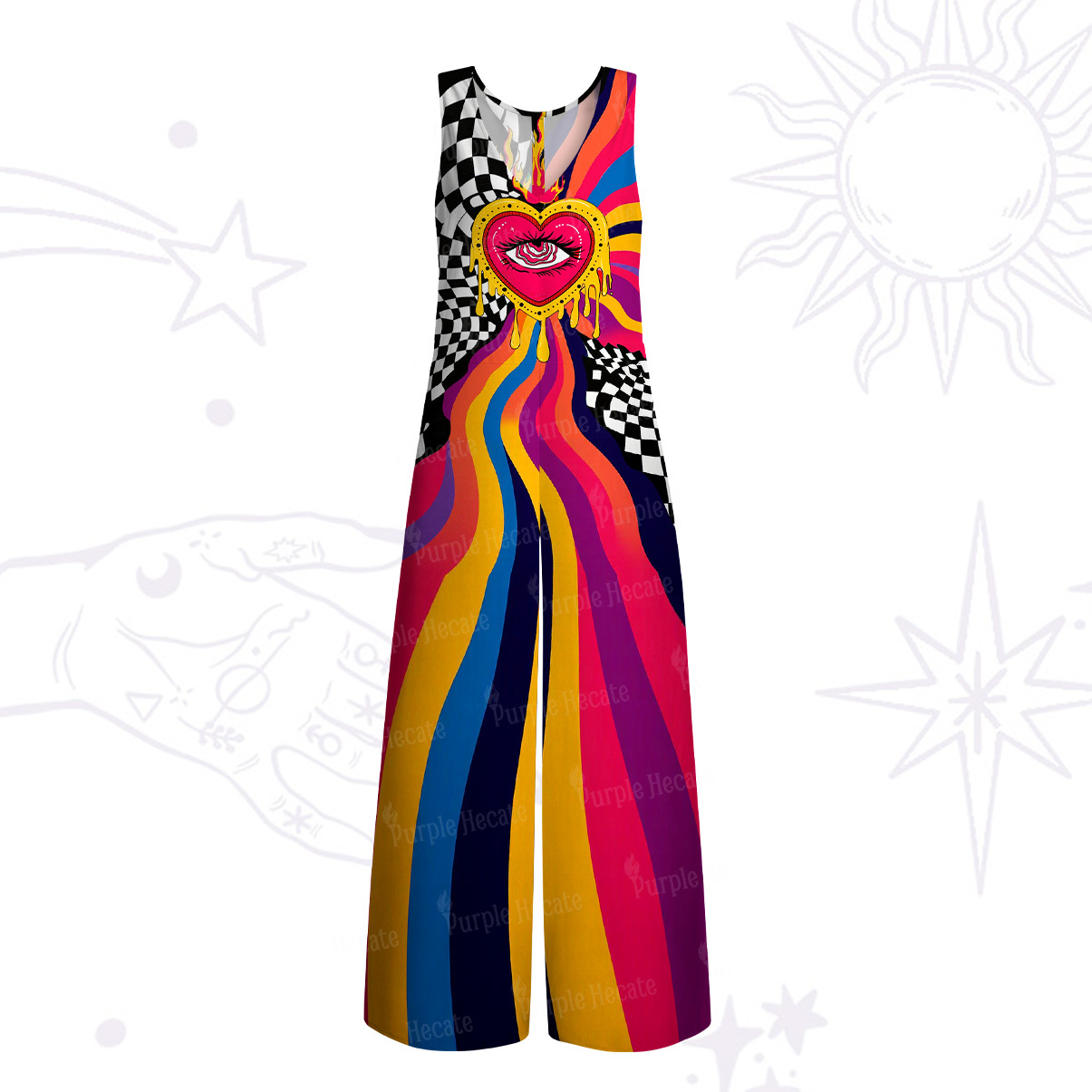 Purplehecate Trippy Rainbow Heart Eye Wide Leg Jumpsuit
