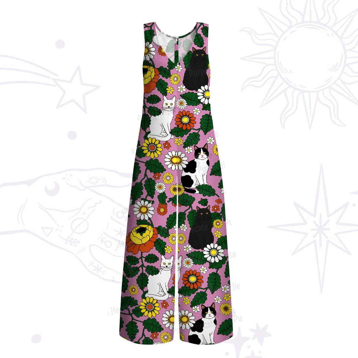 Purplehecate Daisy Cat  Garden Wide Leg Jumpsuit
