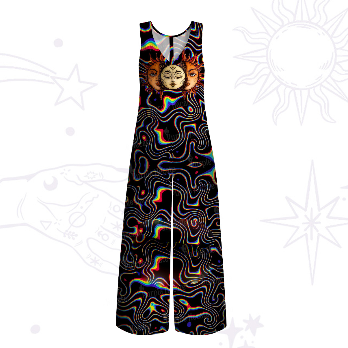 Purplehecate Psychedelic Sun and Moon Wide Leg Jumpsuit