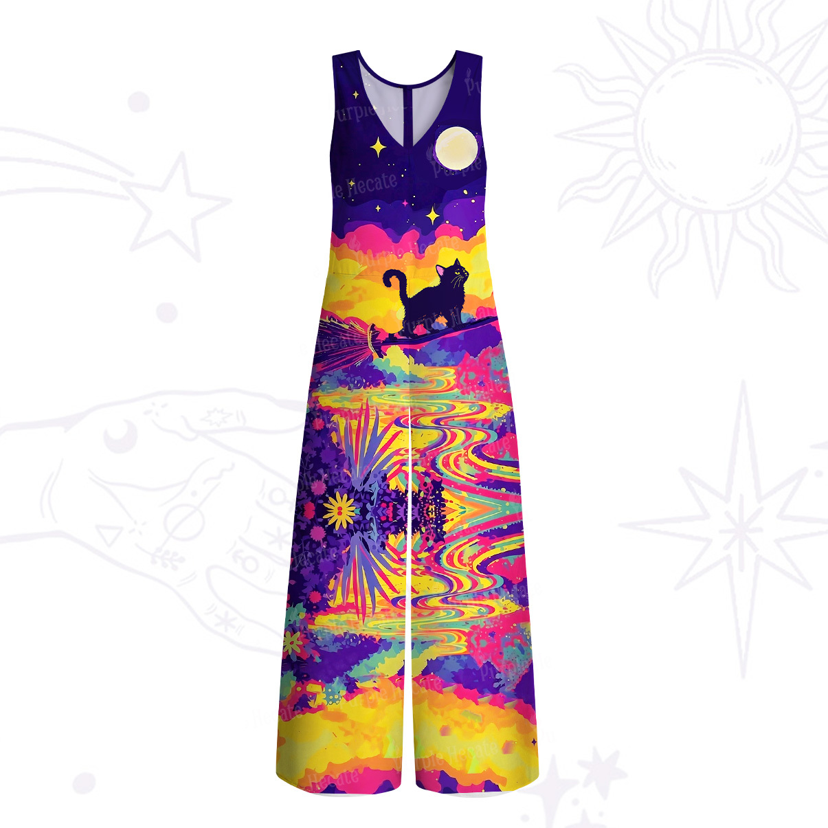 Purplehecate Midnight Cosmic Cat Fantasy Wide Leg Jumpsuit