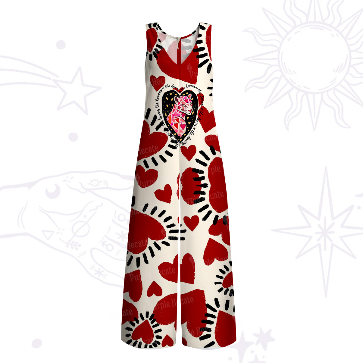 Purplehecate Wild Love Leopard Heart Wide Leg Jumpsuit