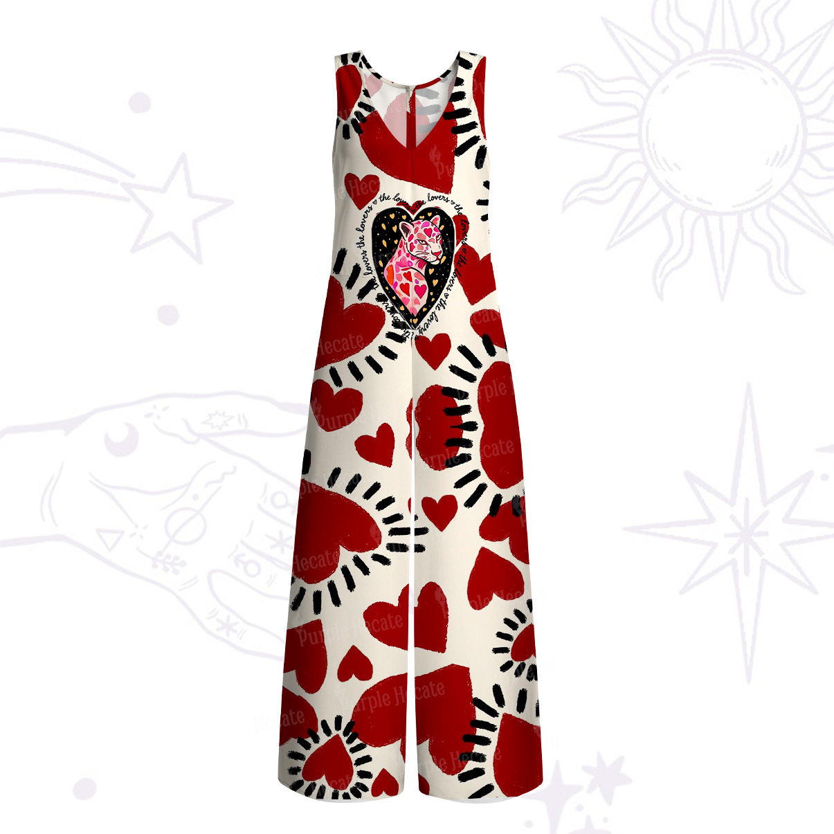Purplehecate Wild Love Leopard Heart Wide Leg Jumpsuit