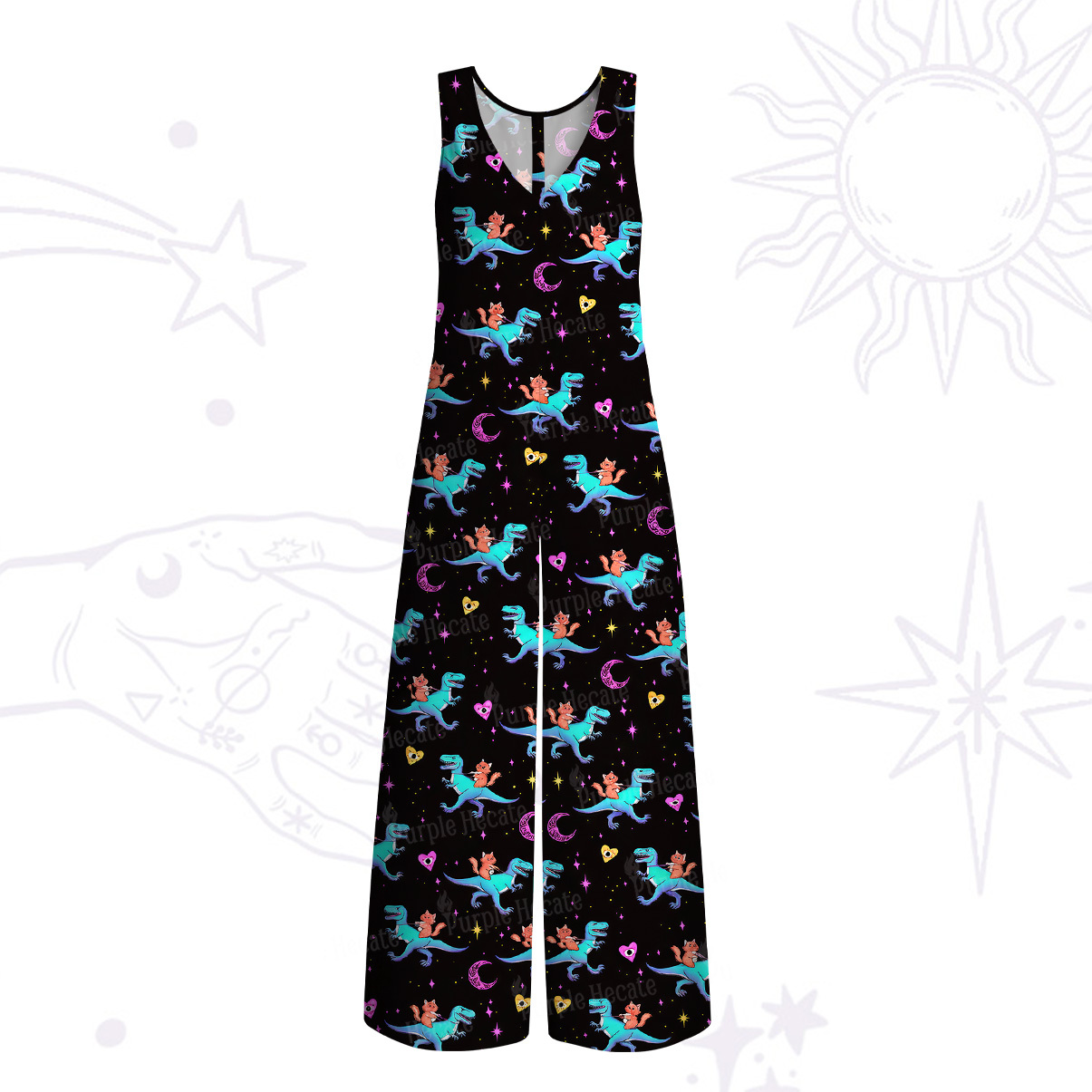 Purplehecate Witch Cat Rides the Dino Wide Leg Jumpsuit
