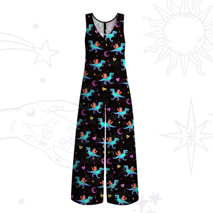 Purplehecate Witch Cat Rides the Dino Wide Leg Jumpsuit