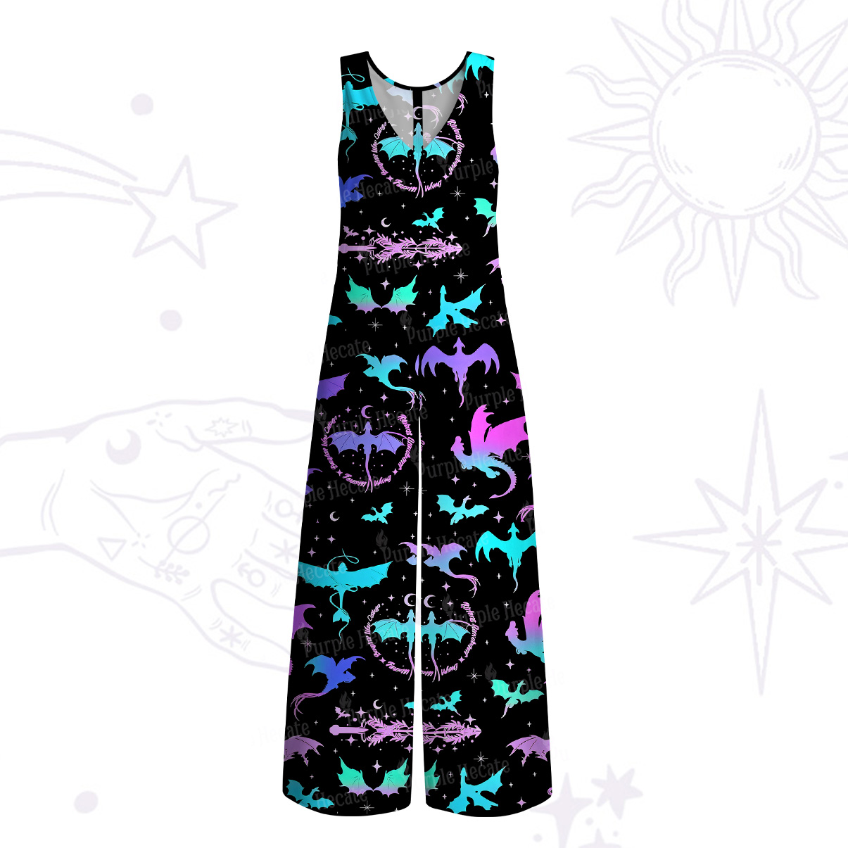 Purplehecate Neon Fantasy Dragon Allover Wide Leg Jumpsuit