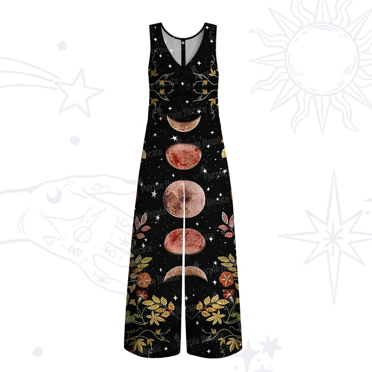 Purplehecate Moon Phase Floral Wide Leg Jumpsuit