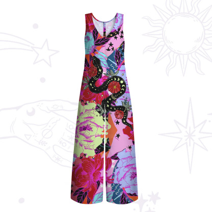 Purplehecate Enchanted Black Serpent & Floral Pattern Wide Leg Jumpsuit