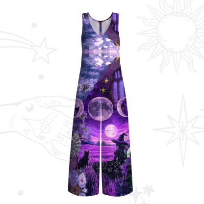 Purplehecate Witchy Black Cat Moon Wide Leg Jumpsuit