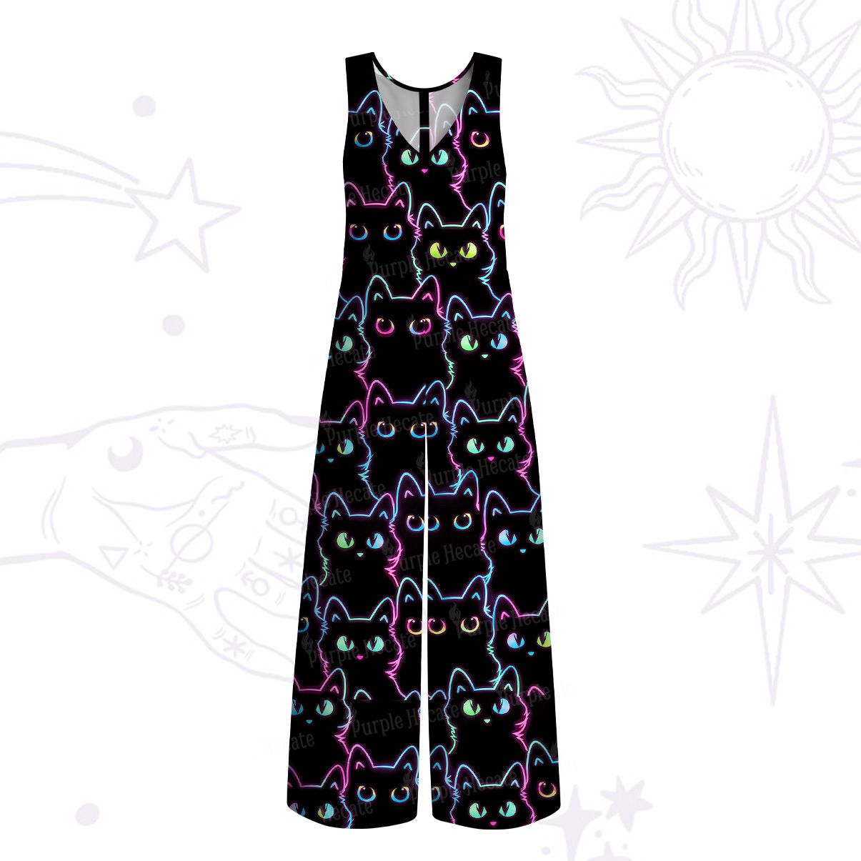 Purplehecate Neon Glow Stacked Cats Wide Leg Jumpsuit