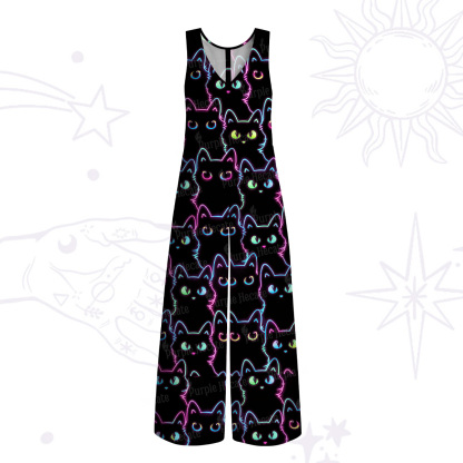 Purplehecate Neon Glow Stacked Cats Wide Leg Jumpsuit
