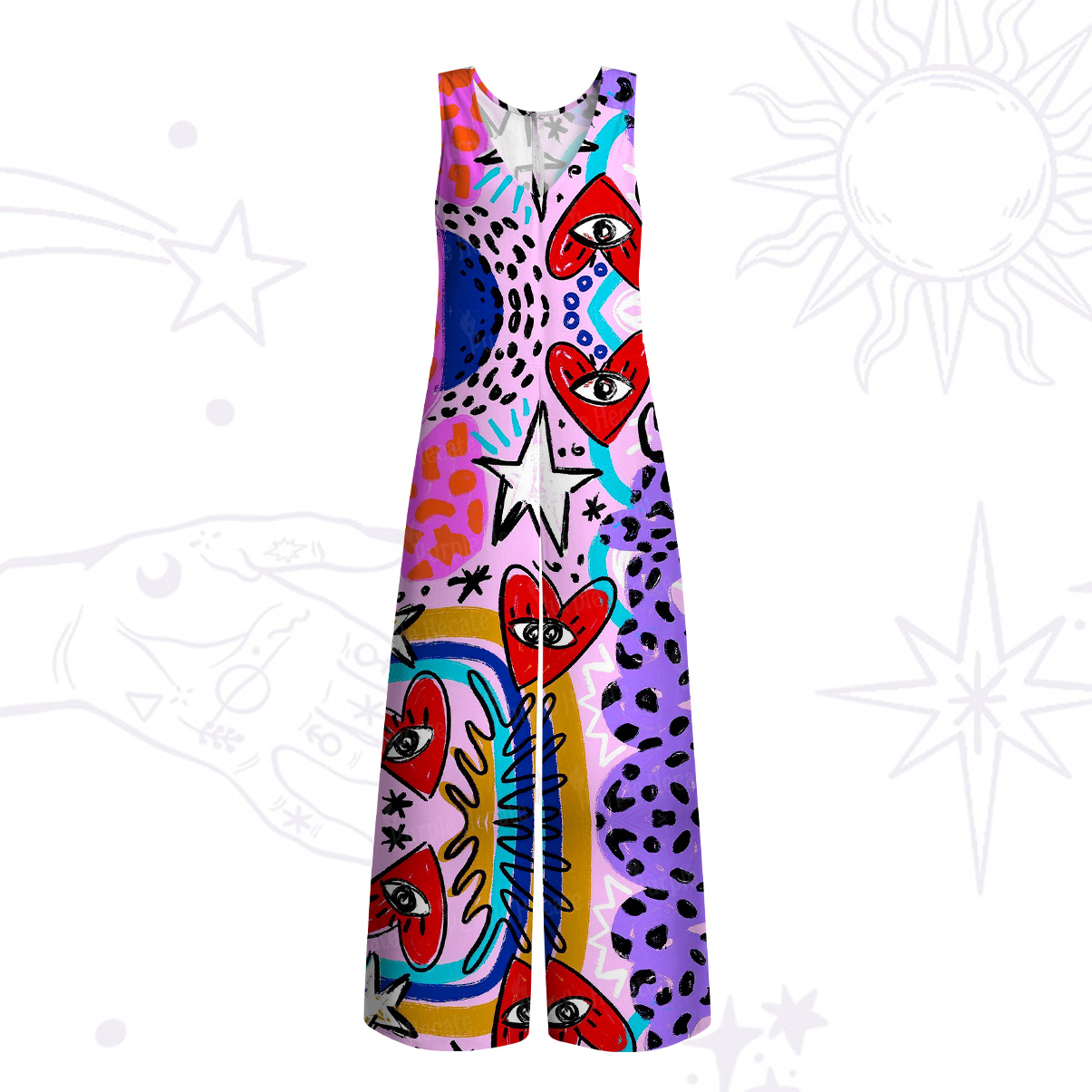 Purplehecate Cosmic Love Eyes Graffiti Wide Leg Jumpsuit