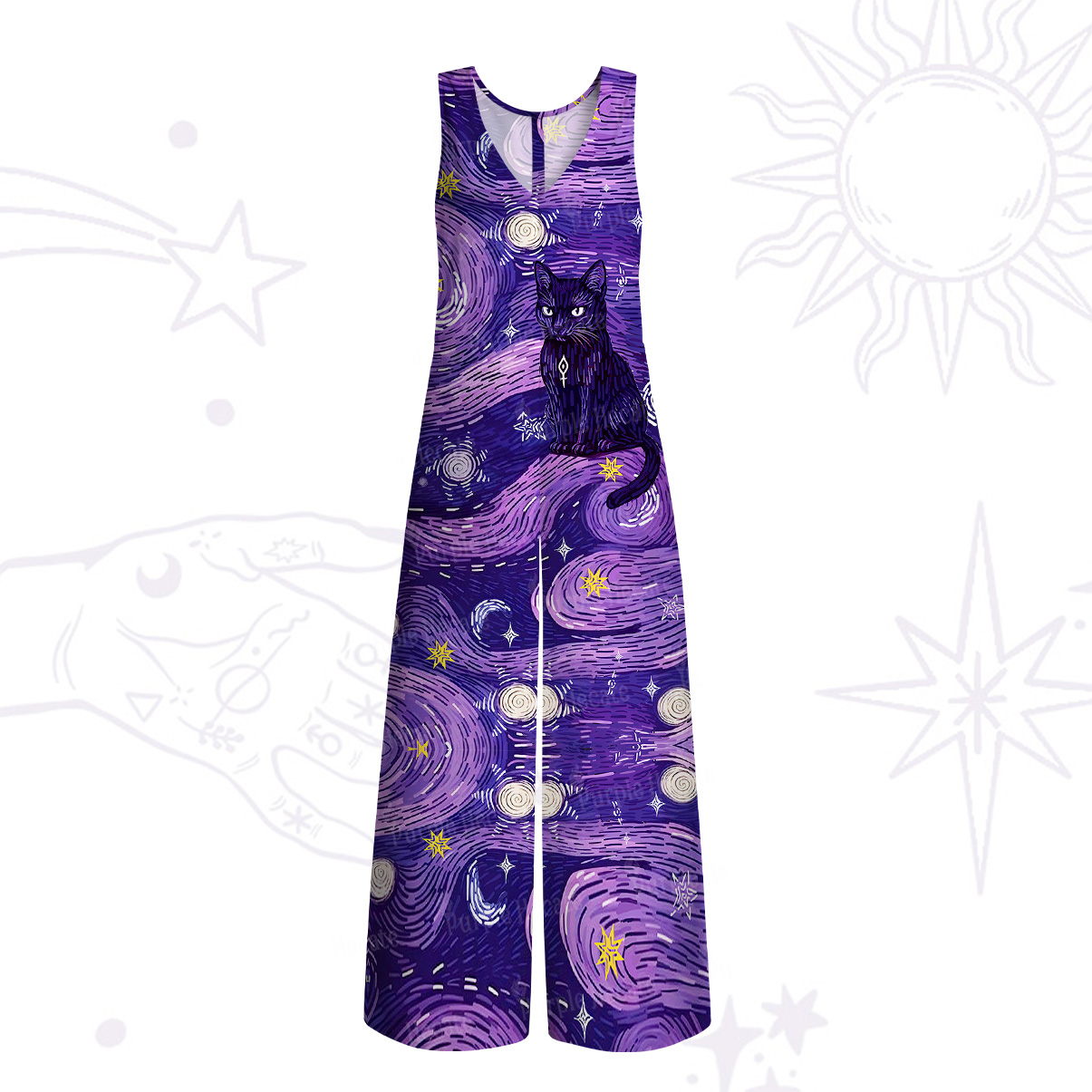 Purplehecate Mystic Cat Beneath the Cosmic Veil Wide Leg Jumpsuit