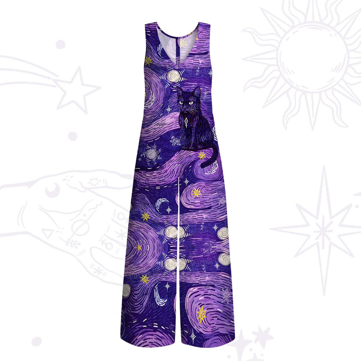 Purplehecate Mystic Cat Beneath the Cosmic Veil Wide Leg Jumpsuit