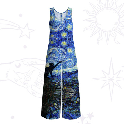 Purplehecate Witch Cat Under the Starry Night Wide Leg Jumpsuit