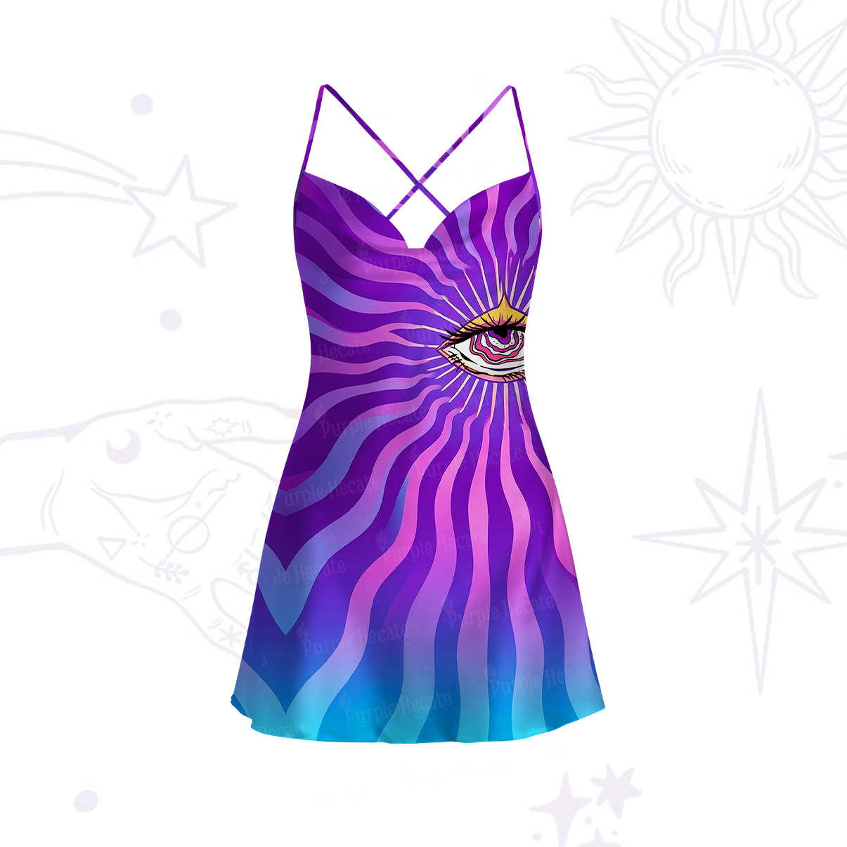 Purplehecate Sacred Eye Energy Flow Satin Cross Back Mini Dress