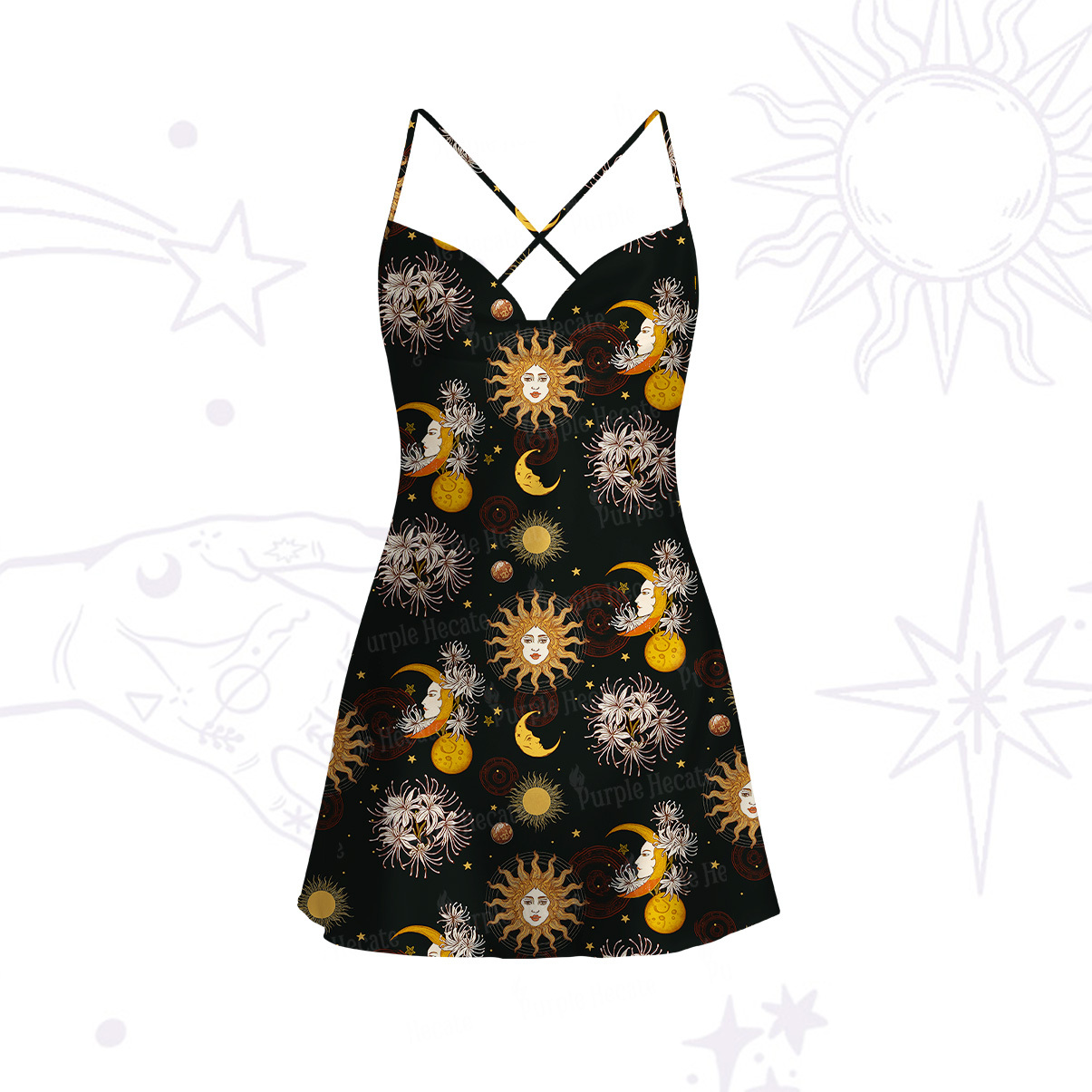 Purplehecate Stellar Symphony Satin Cross Back Mini Dress