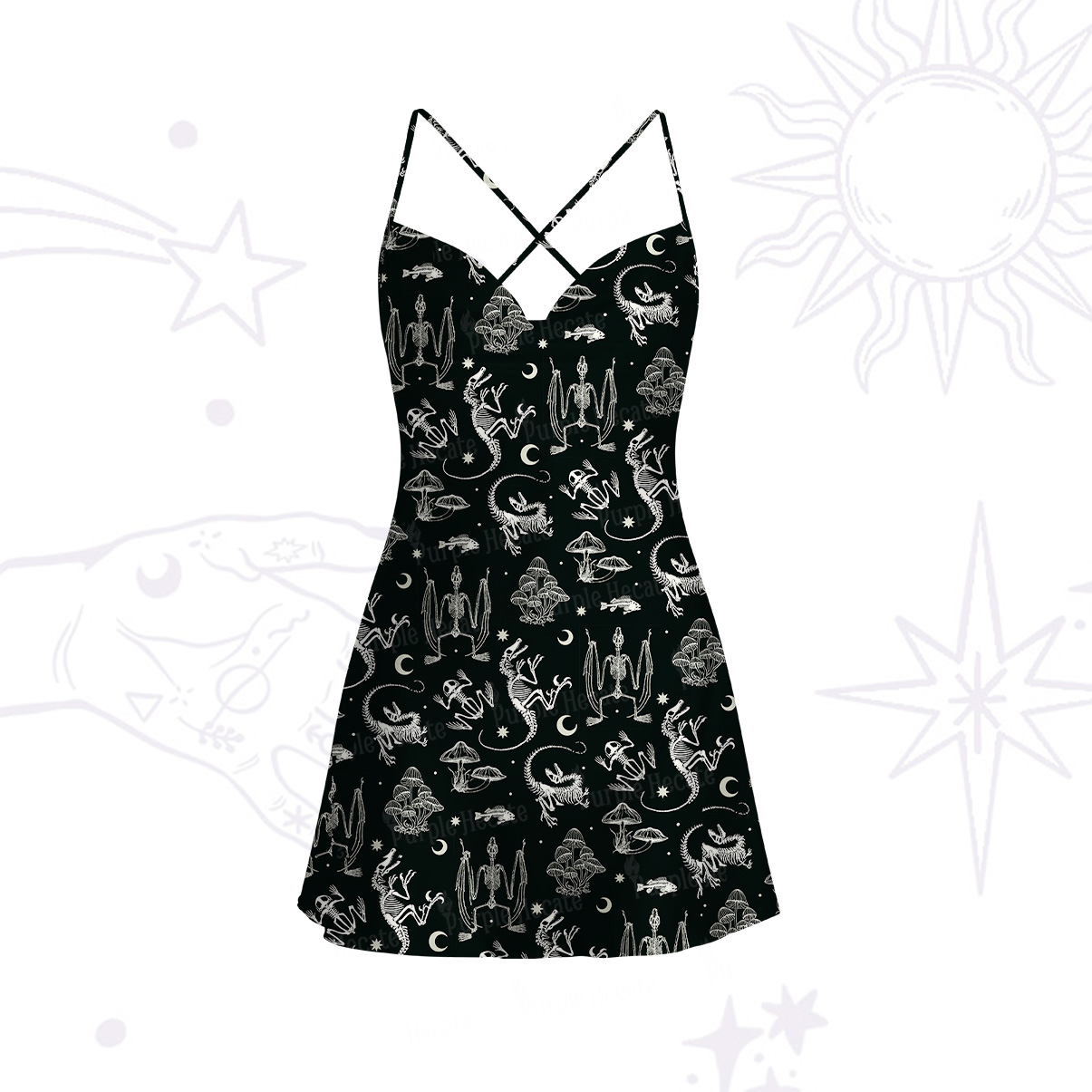 Purplehecate Prehistoric Fantasy Satin Cross Back Mini Dress