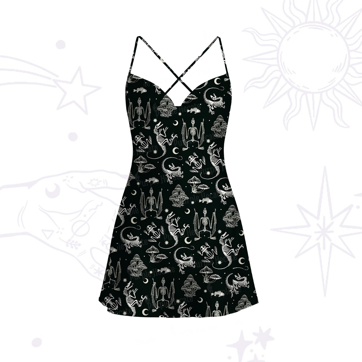 Purplehecate Prehistoric Fantasy Satin Cross Back Mini Dress